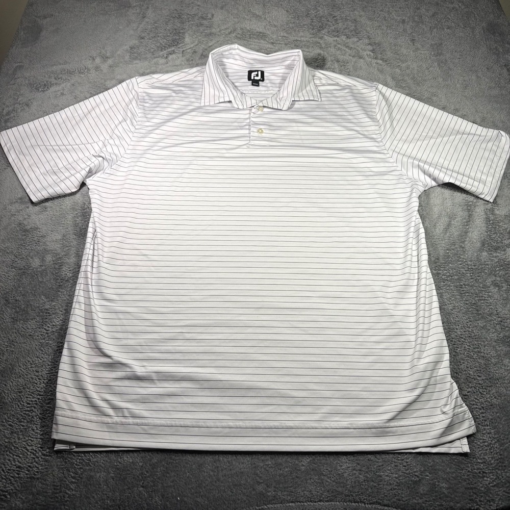 FootJoy Mens XL White Navy Striped Short Sleeve Golf Polo Shirt Stretch
